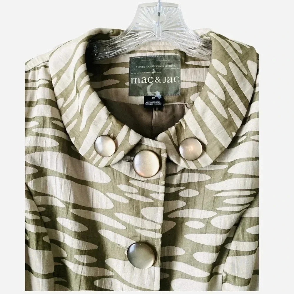MAC & JAC* Sage & Ivory Animal Print Jacket Peplum Style 3/4 Puffy Sleeves Sz 10 - Picture 5 of 10